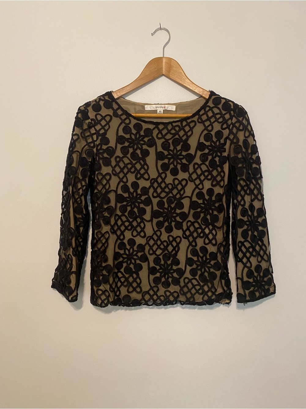 Studio M Black Nude Embroidered Mesh Blouse